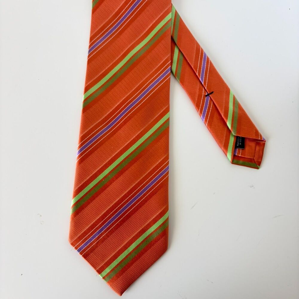 David Donahue Tie Orange Stripe Silk Cotton Handmade USA Italy Regimental Stripe